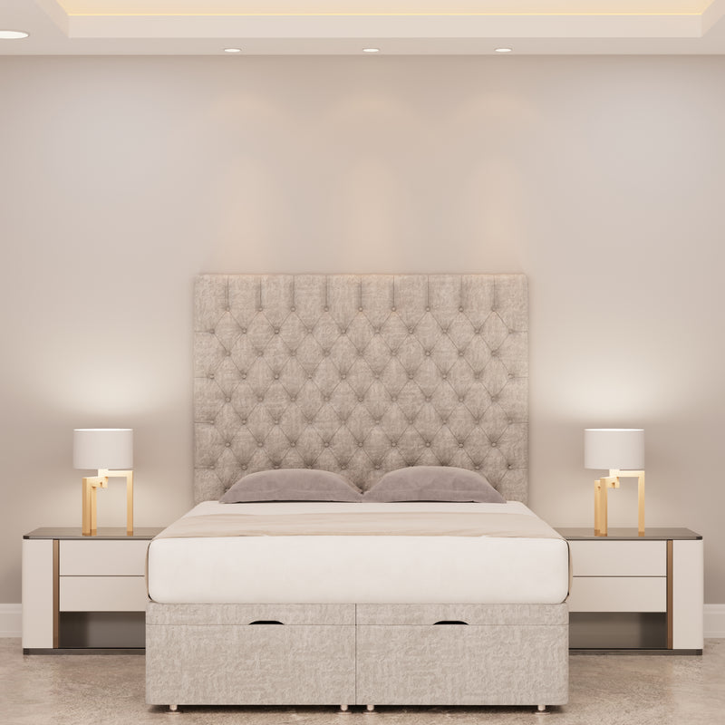 Isadora Chesterfield Ottoman Storage bed with floor standing headboard