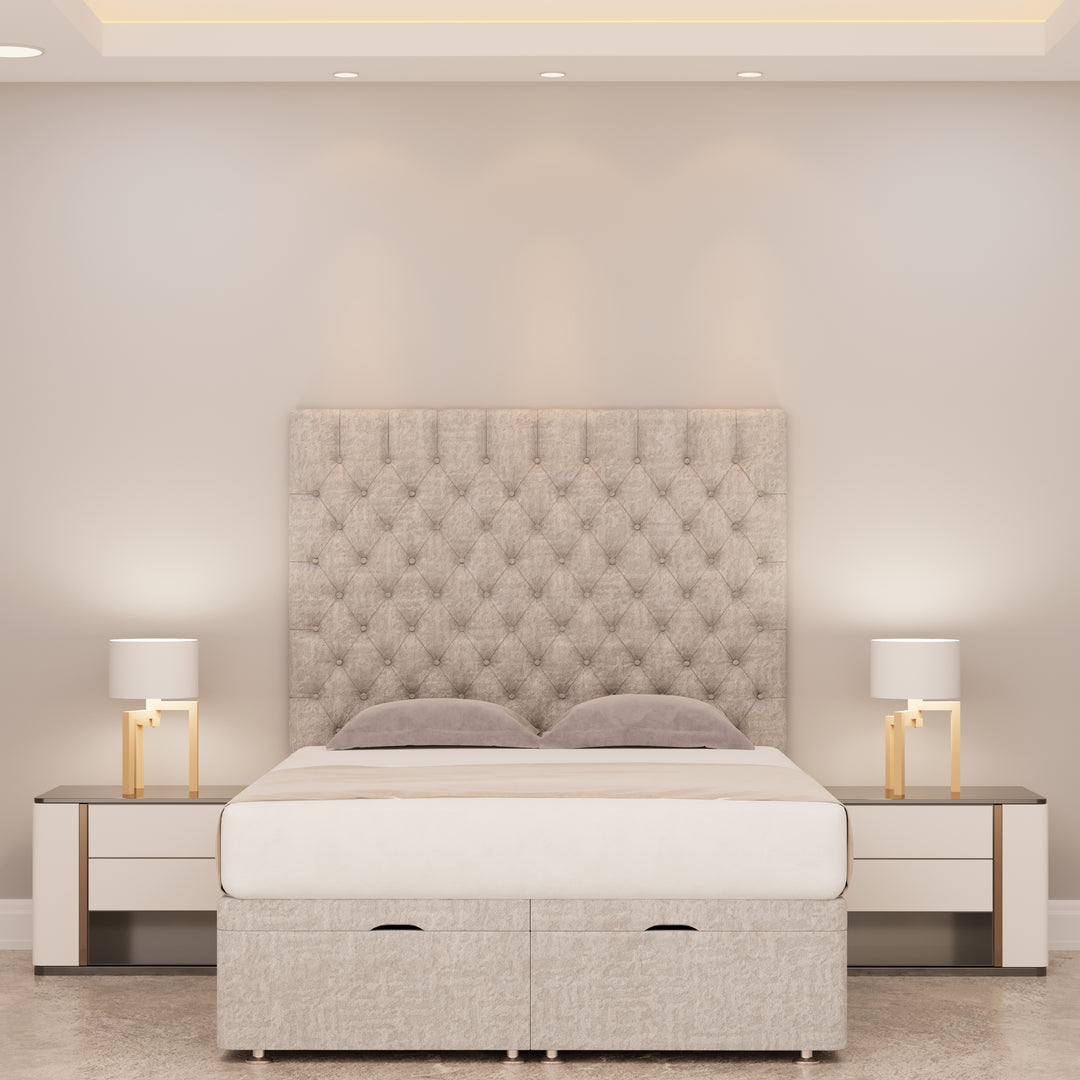 Isadora Chesterfield Ottoman Storage bed with floor standing headboard